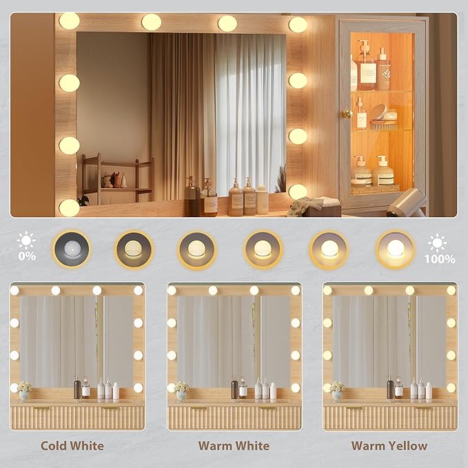 Makeup Vanity Desk with Mirror and Lights, 45" Fluted Wood Vanity Desk with Glass Top, 5 Drawers & RGB Glass Cabinet, Power Outlet, Mid Century Modern Dressing Table Set for Women Girls Bedroom