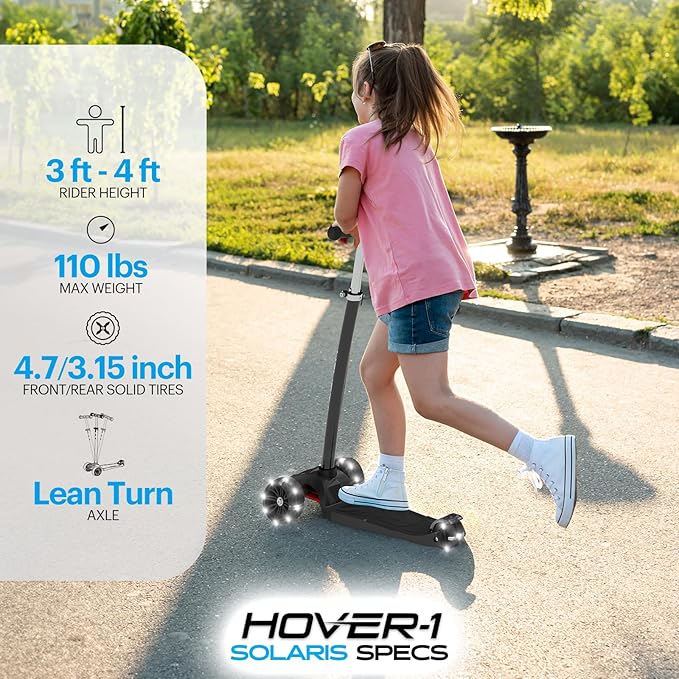 Hover-1 Solaris Kick Scooter with Multicolor Wheel Lights, 4.5” Front Wheels, Rear Foot Brake, and 110 Pound Weight Capacity