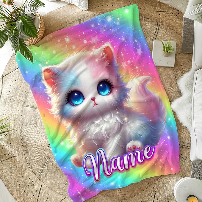 Cat Blankets for Girls 6-8, 40x50 Inches Custom Small Soft Fuzzy Cat Themed Pattern Prints Blanket with Name Cute Throws for Travel Camp Office All Seasons