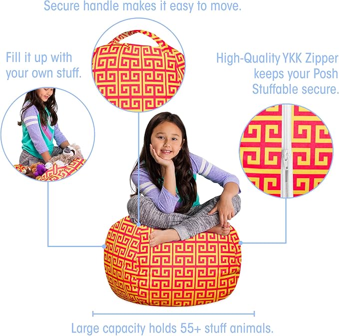 Posh Stuffable Kids Stuffed Animal Storage Bean Bag Chair Cover - Childrens Toy Organizer, Medium 27" - Pattern Scrolls Red and Yellow