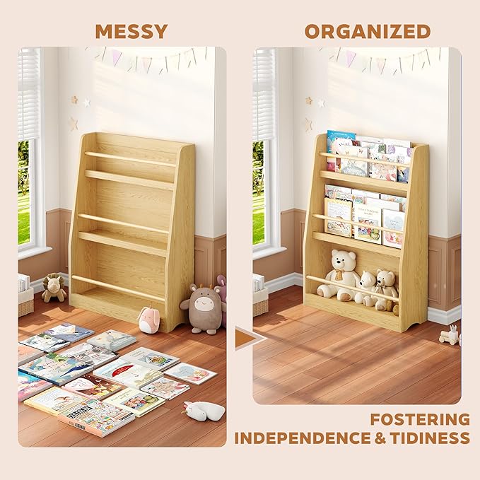Kids Bookshelf, 3-Tier Montessori Book Shelf Organizer for Books and Toys, Toddler Bookshelf for Bedroom, Living Room, Playroom, Classroom, Nursery - Natural