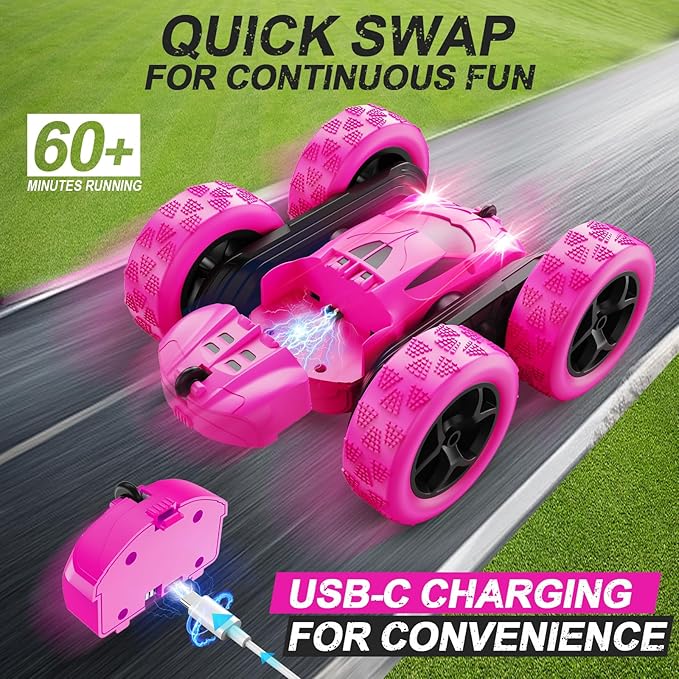 RC Cars, Rose Remote Control Car for Girls, 2.4 GHZ Double Sided RC Stunt Car 360° Rotating Remote Control Crawler with Headlights Car Toys for 6 7 8 9 10 11 12 Girls Birthday Gift