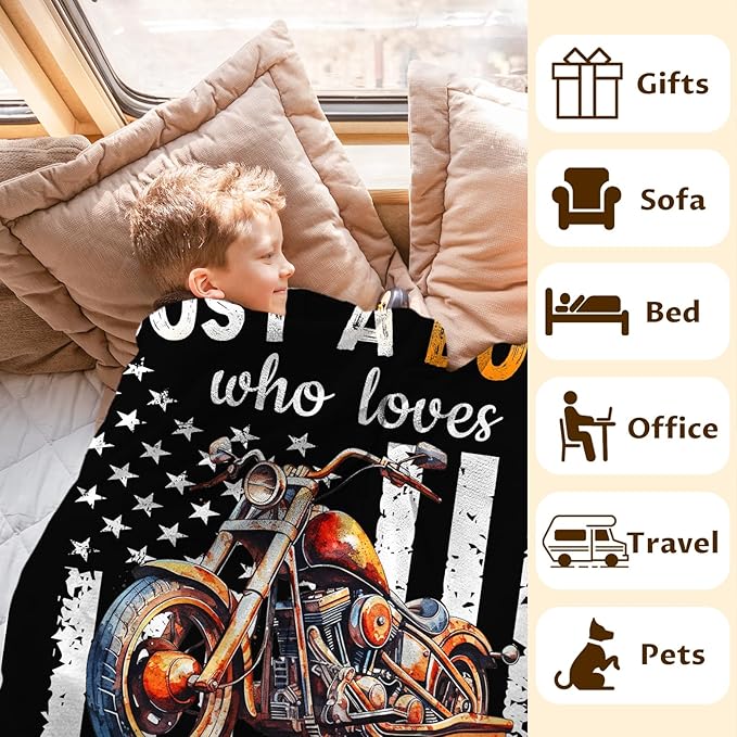 Personalized Motorcycle Gifts for Boys Men, 30x40 Inches Cool Throw Blanket for Kids Motorbike Lovers Motorcycle Riders, Custom Black Soft Blankets for Couch Sofa Bed Travel