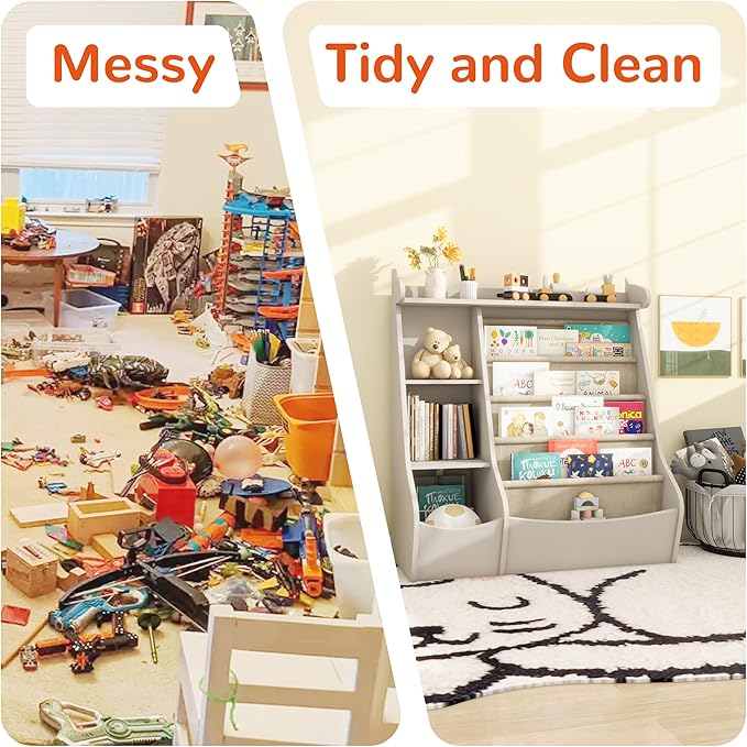 FKWin Montessori Bookshelf and Toy Storage Organizer - 5-Tier Kids Book Shelf for Kids Rooms,Deer Head Montessori Shelf,Grey