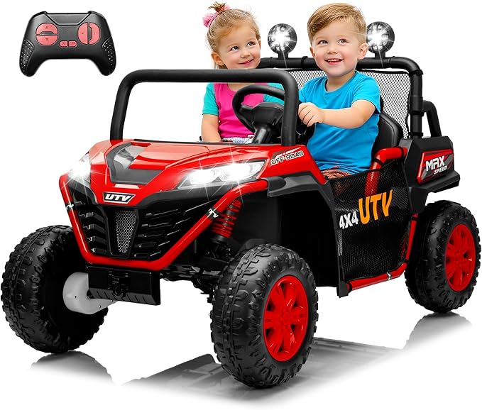 2 Seater 24V Ride On Toys for Big Kids, Electric UTV Car with Remote Control, 4-Wheeler Suspension, Side by Side Vehicle Max 110lbs, Soft Start, Bluetooth, Lights, Ride on Truck Kids 3 Years+, Red