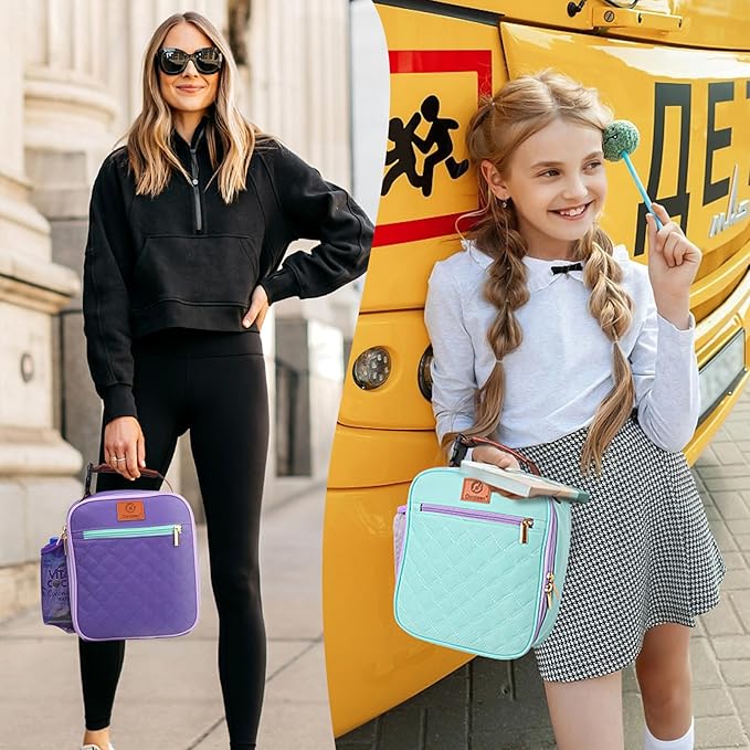 Genteen Lunch Box Lunch bag for Kids Girls Teen,Insulated Lunch Bag with Bottle Holder,Small Lunch Box Cooler Lightweight Reusable LunchBox for Work Office School Travel Picnic-Purple