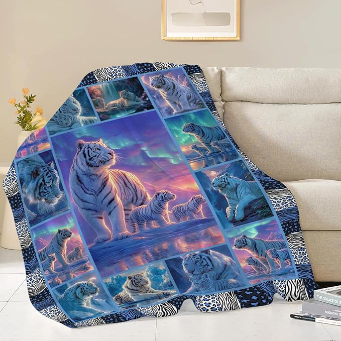 White Tiger Throw Blanket White Tiger Stuff Gifts for Kids Girls Boys Adults Women Men Soft Cozy Warm Plush Fluffy Fuzzy Fleece Blanket Decor 50''X60''