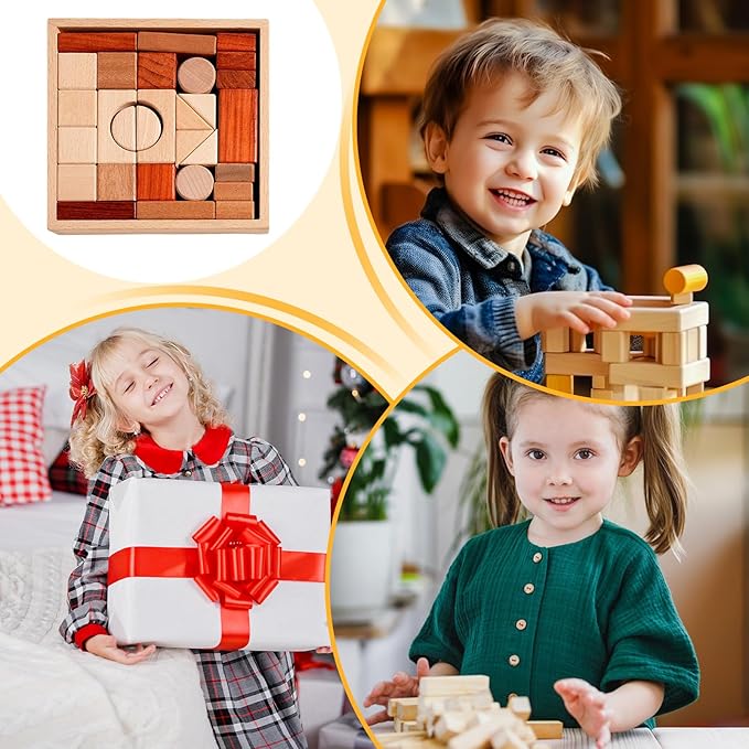 Wooden Building Block Set - Educational Toy | Toddler Learning Stacking Game | Natural Wood Preschool Construction Blocks, Fine Motor Skill Builder, Classroom Gift for Boys Girls