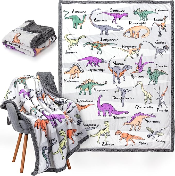 Alphabet Dinosaur Blanket - 50x60 inch Plush Mink & Sherpa Fleece Dinosaur Throw Blankets - Adorable Dino Blanket for Boys or Girls, with 26 Dinos A-Through-Z