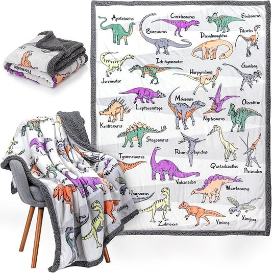 Alphabet Dinosaur Blanket - 50x60 inch Plush Mink & Sherpa Fleece Dinosaur Throw Blankets - Adorable Dino Blanket for Boys or Girls, with 26 Dinos A-Through-Z