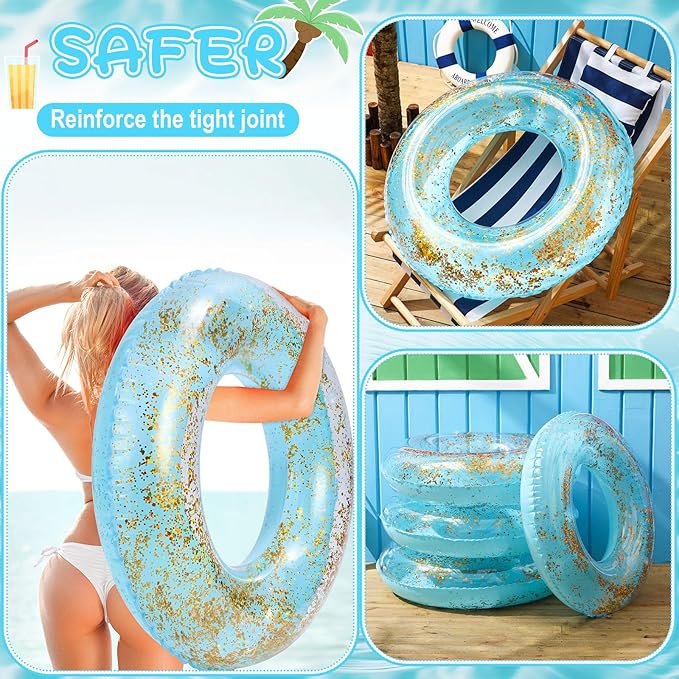 ShinyRelief 4 Pcs Inflatable Glitter Pool Float 30'' Macaron Swim Tube with Gold Confetti Swim Inner Tube for Adults Pool Floats Rings for Summer Beach Swimming Pool Bachelorette Party