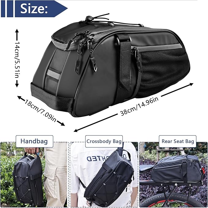 ZIMFANQI Bike Rear Bag Reflective,Water Resistant Bicycle Pannier Rack Bag Cargo Trunk Storage Cycling Carrier Chest Bag,8L Capacity with Multi Pocket Taillight Loop,Shoulder Strap for Outdoor