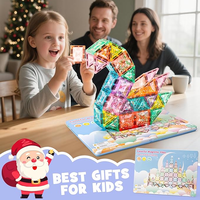 Large-Size Glitter Diamond Magnetic Tiles 60 Pcs Magnetic Block Set with Storage Box STEM Educational Sensory Toy Preschool Building Toy for Toddlers Christmas Kids Ages 2 3 4 5 6 7 8 9