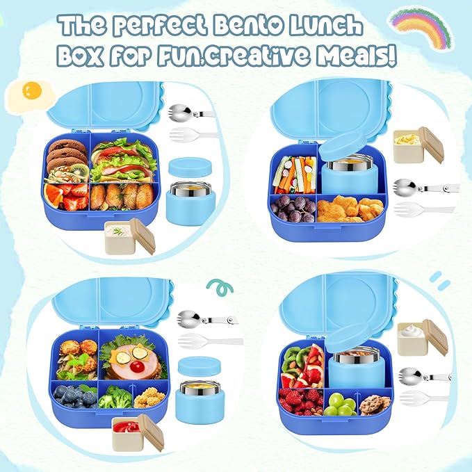 Dinosaur Lunch Box for Kids with Secret Compartment | 4 Compartments Bento Box + 12oz Insulated Food Jar | Leak-Proof Sauce Cup & Collapsible Spoon | BPA-Free, Dishwasher Safe(Blue+Blue Jar)