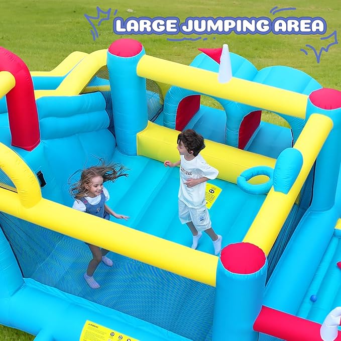 ELEMARA 7 in 1 Inflatable Bounce House, 15x12’XL Golf Inflatable Bouncer with Blower, Bounce House with Slide,Golf Area, Double Tunnels,Climbing Wall, Jumping Castle, Holds 6 Kids