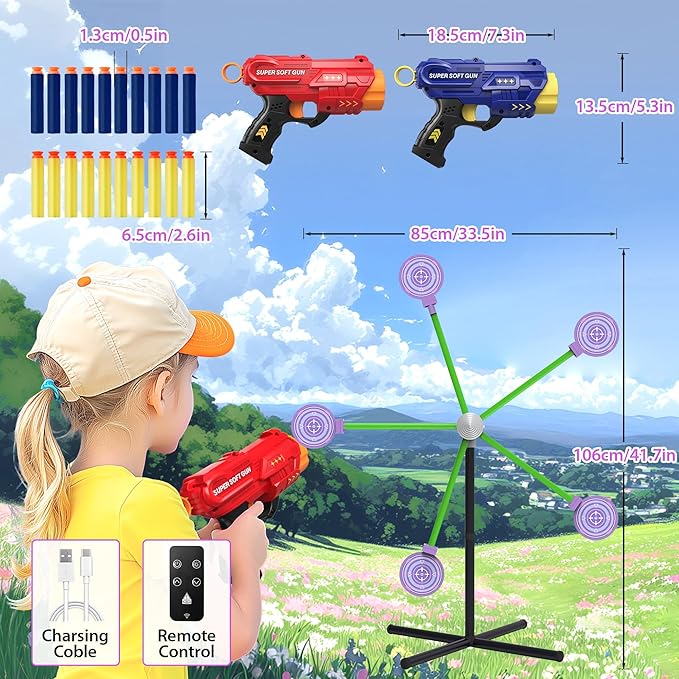2-Player Shooting Game Toy, Foam Dart Toy Gun with Auto Reset Rotating Shooting Target, Ideal Gift for Kids Ages 6,7,8,9,10+ Pink