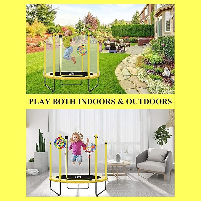 LANGXUN 60" Trampoline for Kids, 5ft Toddler Mini 6-in-1 Trampoline Indoor Outdoor with Swing, Basketball Hoop, Dart Board, Rings, Christmas Toys Birthday Gifts for Girls Boys