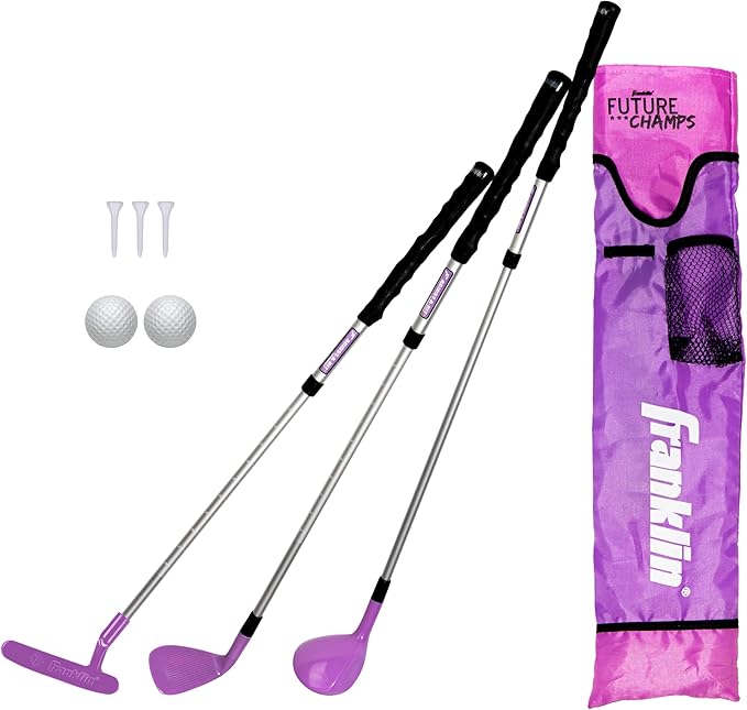 Franklin Sports Golf Set - Youth Adjustable Plastic Golf Club Set - Kids Golf Set with Bag & Balls - Adjustable Length Clubs For Toddlers - Pink