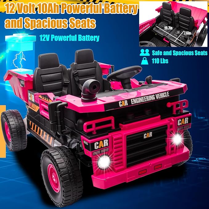 12V 10AH 2-Seater Kids Ride on Truck Electric Toy Car with Electric Dump Bed, Parents Remote Control Kids Car Tractor Toys Ride-on Dump Truck for Boys and Girls Ages 3+, Pink