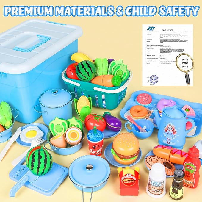 105Pcs Kids Kitchen Playset, Play Kitchen Accessories, Pretend Play Food Tea Party Set, Toy Kitchen Kids Cooking Real with Apron＆Chef Hat, Utensils Cookware, Toy Organizer, Birthday Gift for Toddler