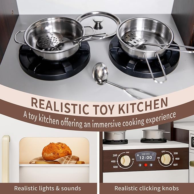 Kids Kitchen Playset with Lights & Sounds, Wooden Corner Play Kitchen with Sink,Oven, Ice Maker & Pretend Play Accessories, Educational Toy Kitchen Set for Toddlers, Coffee