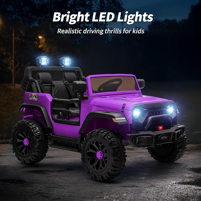 2 Seater Ride on Car Toy, 12V Electric Car for Kids 4-8 with Remote Control, Capacity 150 lb, LED Light - Purple