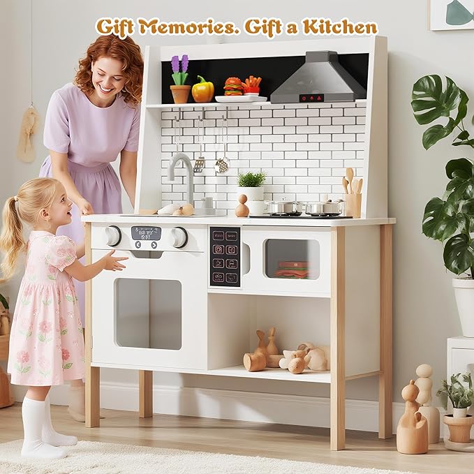 soges Kids Kitchen Playset, Play Kitchen with Realistic Lights & Sounds, Pretend Play Kitchen Wooden Toy Set with Storage Space, Realistic Design Utensils Oven Microwave Sink, Idea Gift for Kids