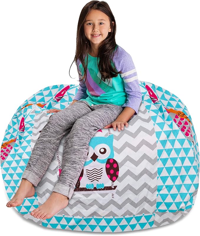 Posh Stuffable Kids Stuffed Animal Storage Bean Bag Chair Cover - Childrens Toy Organizer, X-Large-48 - Canvas Owls White and Blue