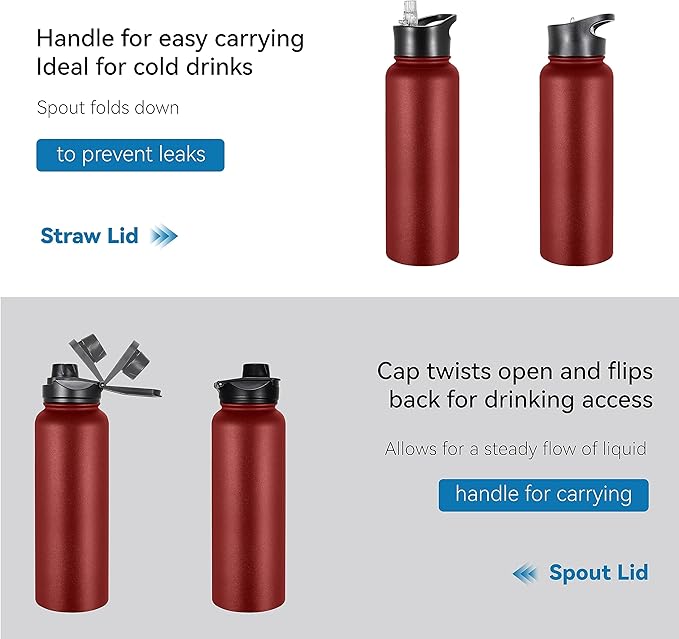 VEGOND 40 oz Insulated Water Bottle Bulk Stainless Steel Metal Water Bottles with Leak Proof Straw Lid & Spout Lid, Wide Mouth Double Walled Vacuum Travel Sports Bottle, Red 4 Pack