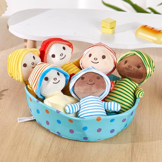 Athoinsu 6.5 Inch Plush Dolls with Basket Set of 6 Soft Dolls with Removable Hats Stuffed Toys for Kids, Toddlers, Boys & Girls