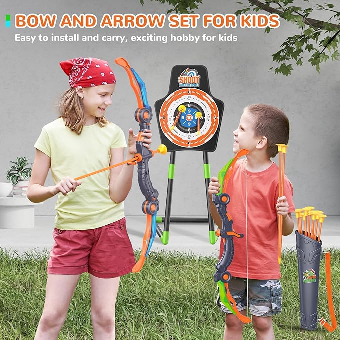 GMAOPHY 2 Pack Bow and Arrow Toy for 5 6 7 8 9 10 11 12 Year Old Boys, Birthday for Kids, Indoor Outdoor Sport Games Toys for Ages 4-8 8-12, LED Light Up Archery Set with 20 Suction Cup Arrows