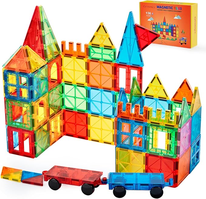 Gemmicc Magnetic Tiles, Deluxe 136 PCS Building Blocks Magnet Toys for Kids,3D Magnet Puzzles Stacking Blocks for Boys Girls,Huge Set with 2 Cars