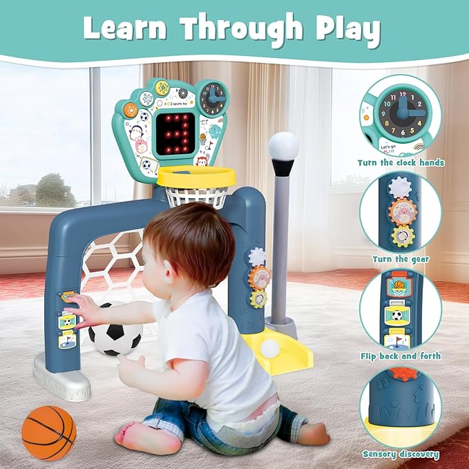4 in 1 Adjustable Basketball Hoop Soccer Goal for Toddlers 1-3,Kids Sports Toys with Golf Baseball Toy,LED Scoreboard, Music & Educational Games,Indoor & Outdoor Baby Activity Center Age 18+M Boy Girl