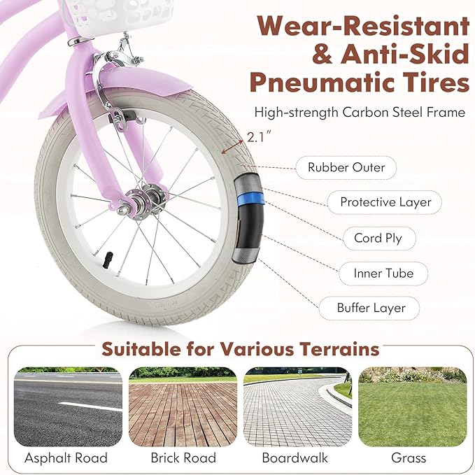 COSTWAY Kids Bike, 12 14 16 18 Inch Toddler Bike Children Bicycle w/Training Wheels, Hand & Coaster Brakes, Adjustable Saddle & Handlebar, Basket, Bell, Kids Bicycle for Girls Boys Aged 3-8 Years Old