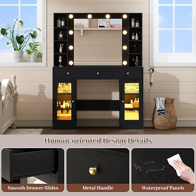 Makeup Vanity with Mirror and Lights, 43'' Wide Dressing Table with Storage Drawers, Open Shelves & Power Outlet, Vanity Desk with RGB Cabinet & Glass Top for Girls Bedroom, Living Room, Black