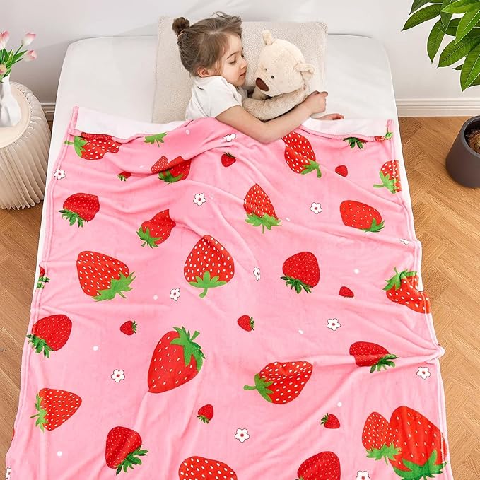 Wajade Kids Pink Strawberry Throw Blanket for Girls Teens Women Soft Fuzzy Flannel Bed Blanket for Kids Adults Plush Christmas Birthday Gifts 60”x80”