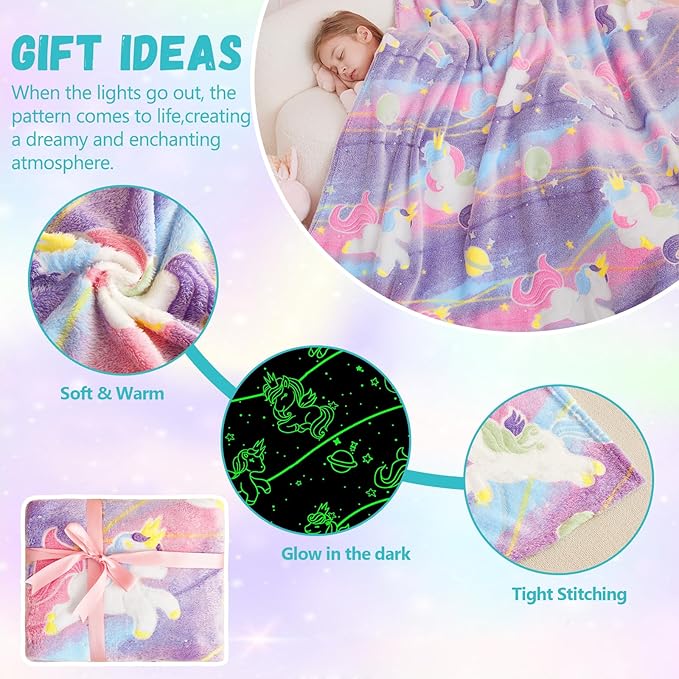 Unicorns Gifts Toys for Girls,Glow in The Dark Unicorns Blanket, Birthday Presents Decor for Kids Age 3-14 Year Old Daughter Teen Child Toddler Luminous Christmas Bedroom Throw Blanket 50"x60"