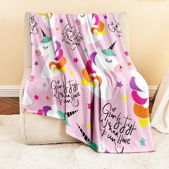 Wajade Kids Pink Unicorn Soft Fleece Blanket for Girls - Cute Unicorn Stars Throw for Couch, Sofa, Bedroom - 60"x80"