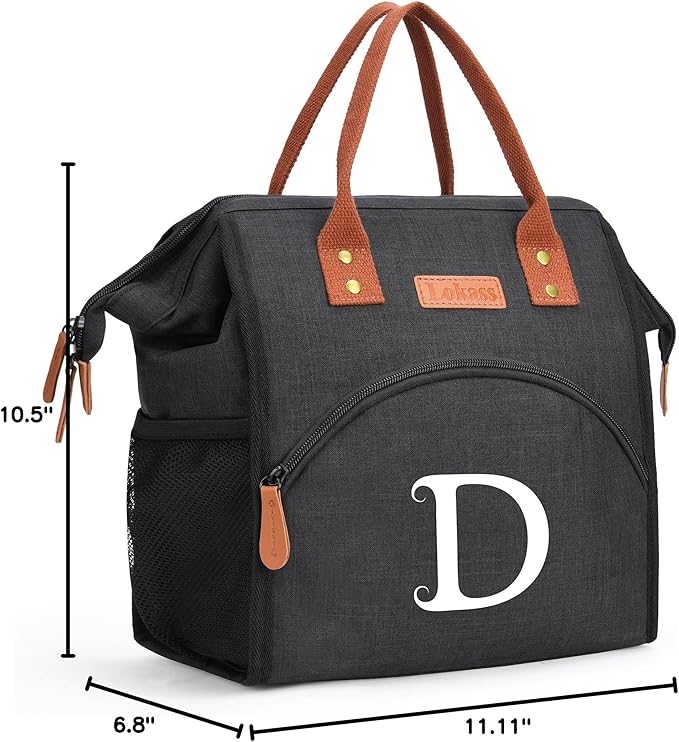 Personalized Lunch Box for Women, Initial Reusable Insulated Lunch Bag, Wide-Open Adult Lunchbox Cooler Lunchbag, Leakproof Lunch Tote for Picnic Work Outdoors, Christmas Gift for Women, Black - D