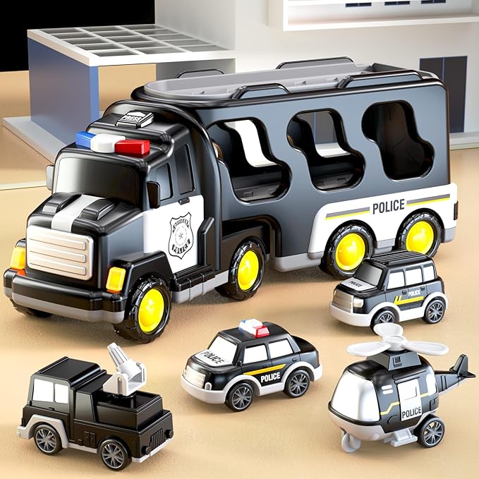 5 in 1 Police Trucks Cars Toys for Toddlers 3-5, Boy Toddler Car Truck Toys with Light Sound, Birthday Gifts Toys for 3 4 5 6 Year Old Boy, Transport Carrier Truck for Toddlers 3-5 Years