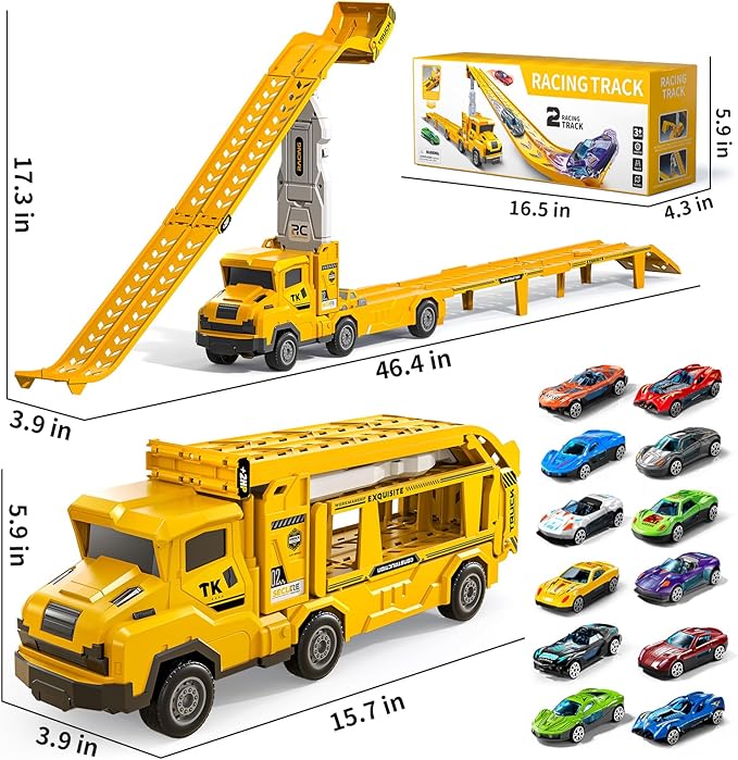 Transport Truck Toys for 3 4 5 6 7 Years Old Boys,Toy Cars Track Set Transporter Trucks with 12 Die-Cast Car Toys 2 Race catapults Dual-Track Model,Toddler Set for Kids Boys Girls,Yellow