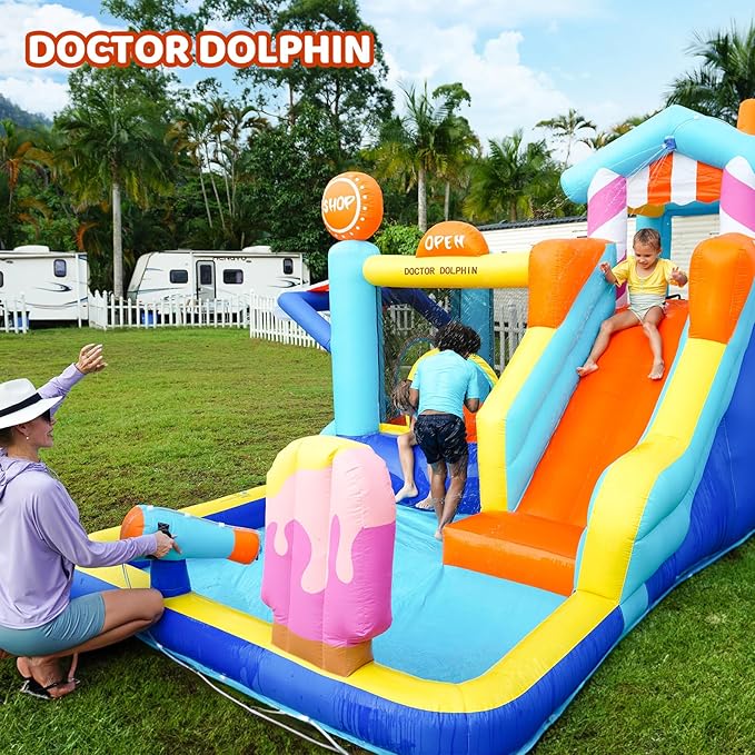 Doctor Dolphin Inflatable Bounce House with Slide and Blower for Kids, Double Slide Jumping Inflatable Bouncer Blow Up Bouncy Castle with Ball Pit for Indoors and Outdoors