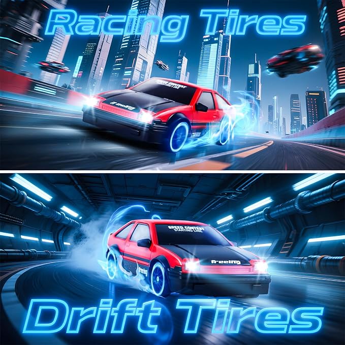 SANCO 1:24 RC Drift Car with LED Lights, 2.4GHz Remote Control Car, Includes 2 Batteries & 2 Sets of Tires for Racing & Drifting, Electric Hobby Racing Toy for Adults, Boys & Kids(Red)