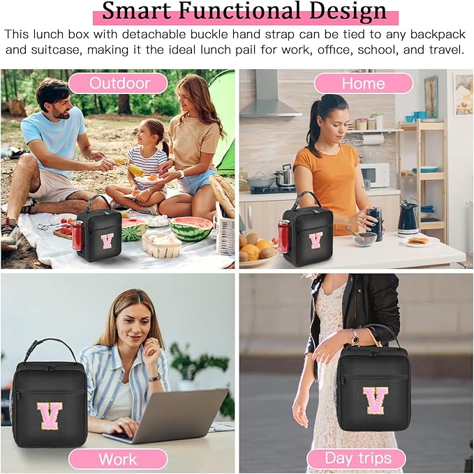 Initial Insulated Lunch Bag, Lunch Box with Initial Letter Patch for Teen Adult, Reusable Lunch Bag for Men Women, Ideal Back to School Gift Birthday Gift, Pink V