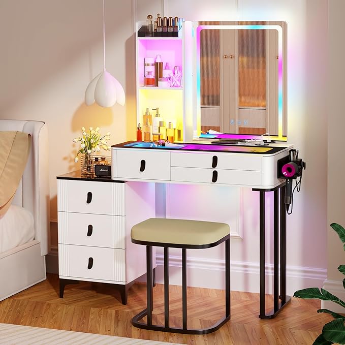 HNEBC Vanity with LED Mirror, Glass Top Dresser with Wireless Charging Station for Bedroom, Small Makeup Desk with 6 Drawers, Girls Dressing Table with Auto RGB Lighted for Christmas (85011-White)