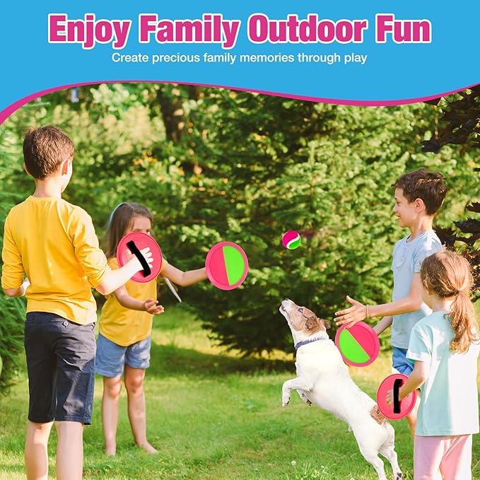 Kids Outdoor Toys - Toss and Catch Game Set, Outside Yard Camping Beach Pool Toys Games for Boys Girls 3 4 5 6 7 8 9 10 Year Old, 4 Paddles 4 Balls (Pink+Pink)