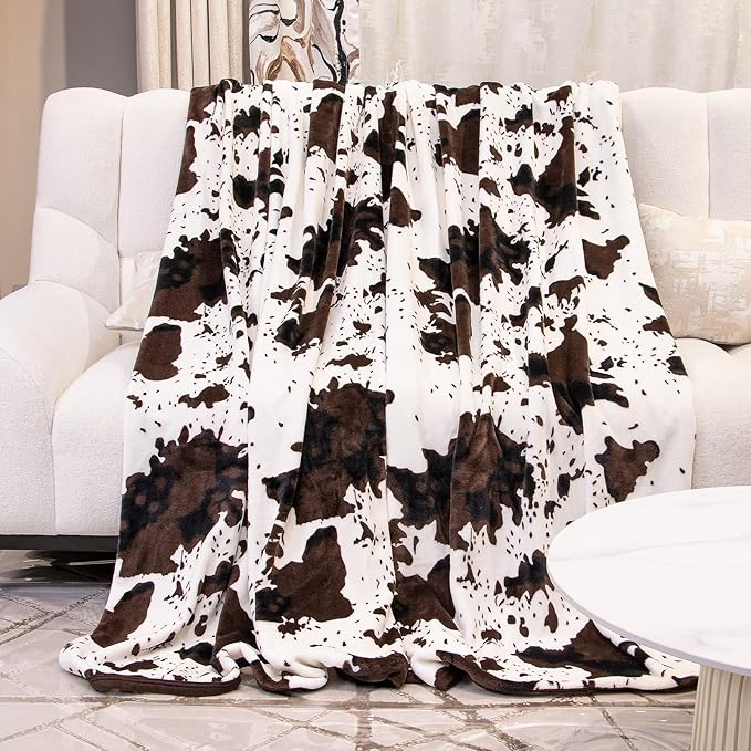 Cow Print Blanket Lightweight Ultra Soft Plush Fleece Throw - Cozy Warm Farmhouse Decor, Brown & White Fuzzy Blanket for All Seasons, Birthday Gifts for Teenage Girls Boys Women 50x60 Inch