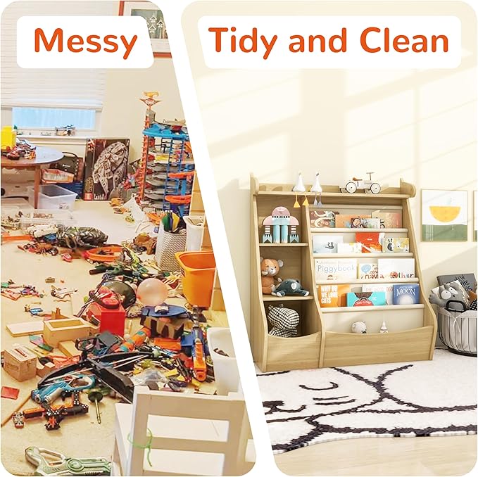 FKWin Bookshelf for Kids Room - 4 Tier Toddler Book Shelf with 5 Sling Pockets，Deer Design Nursery Storage Organizer for Books Nature