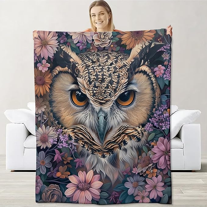 Owl Blanket for Women, Kids, Adults - Flannel Throw with Flower Floral Design for Sofa, Couch, Bed - Soft Warm Cozy Decor, 50" x 40"
