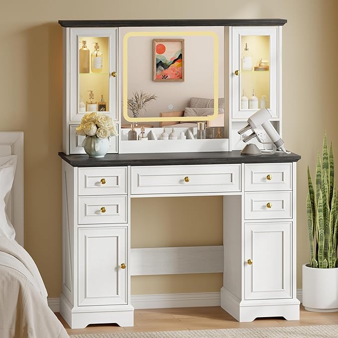 43'' Makeup Vanity with Mirror and Lights, Farmhouse Vanity Desk with Drawers & Charging Station, 3 Lighting Modes & Adjustable Brightness, Glass Cabinet, Dressing Table for Bedroom, White